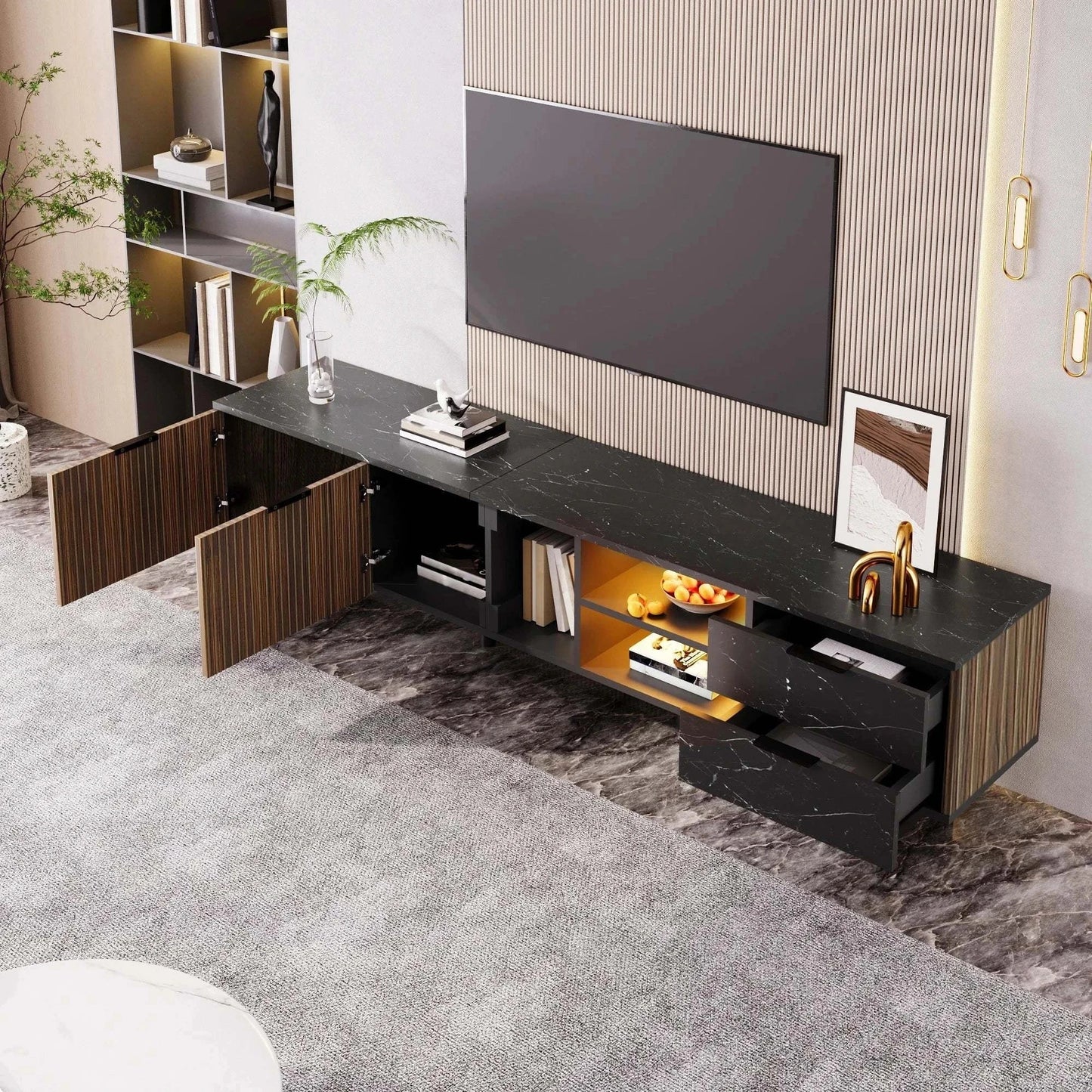 Meuble TV LED Effet Marbre Noir | Dcor 2 Portes 2 Tiroirs | Éclairage Intégré Moderne