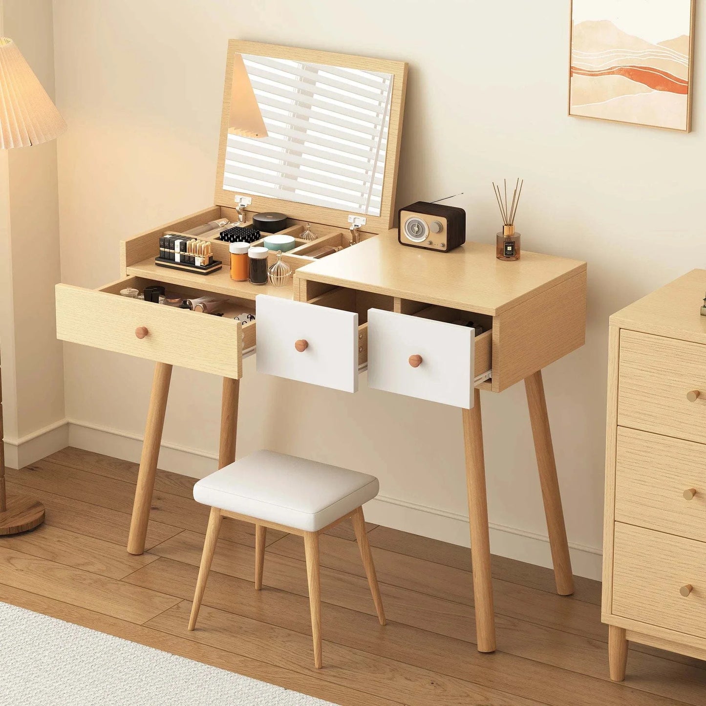 Coiffeuse Bois avec Miroir et Tiroirs | Meuble Cosmétique Rangement | 100x78x40cm