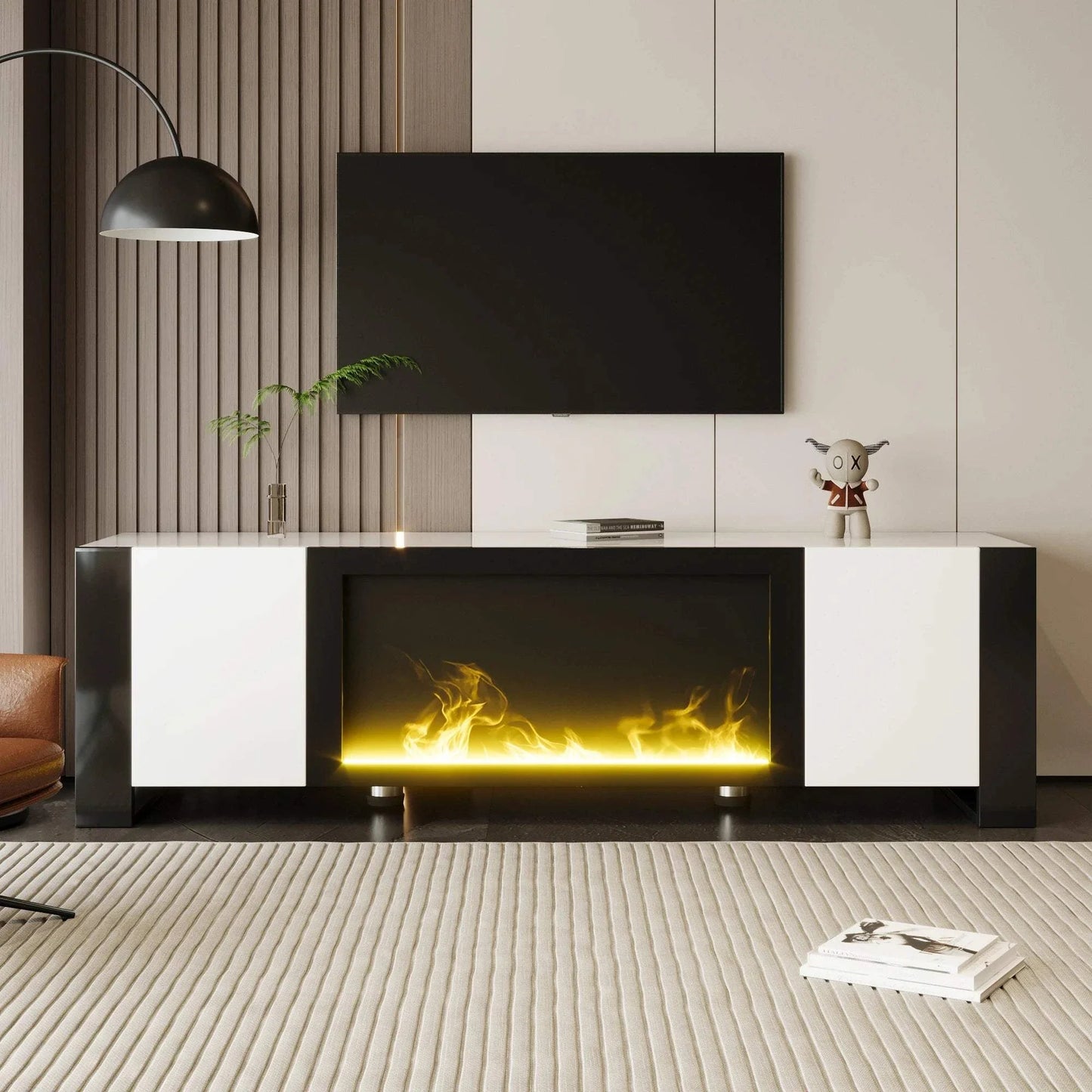 Meuble TV Cheminée Électrique LED | Effet Flamme Décoratif | Noir Blanc Brillant
