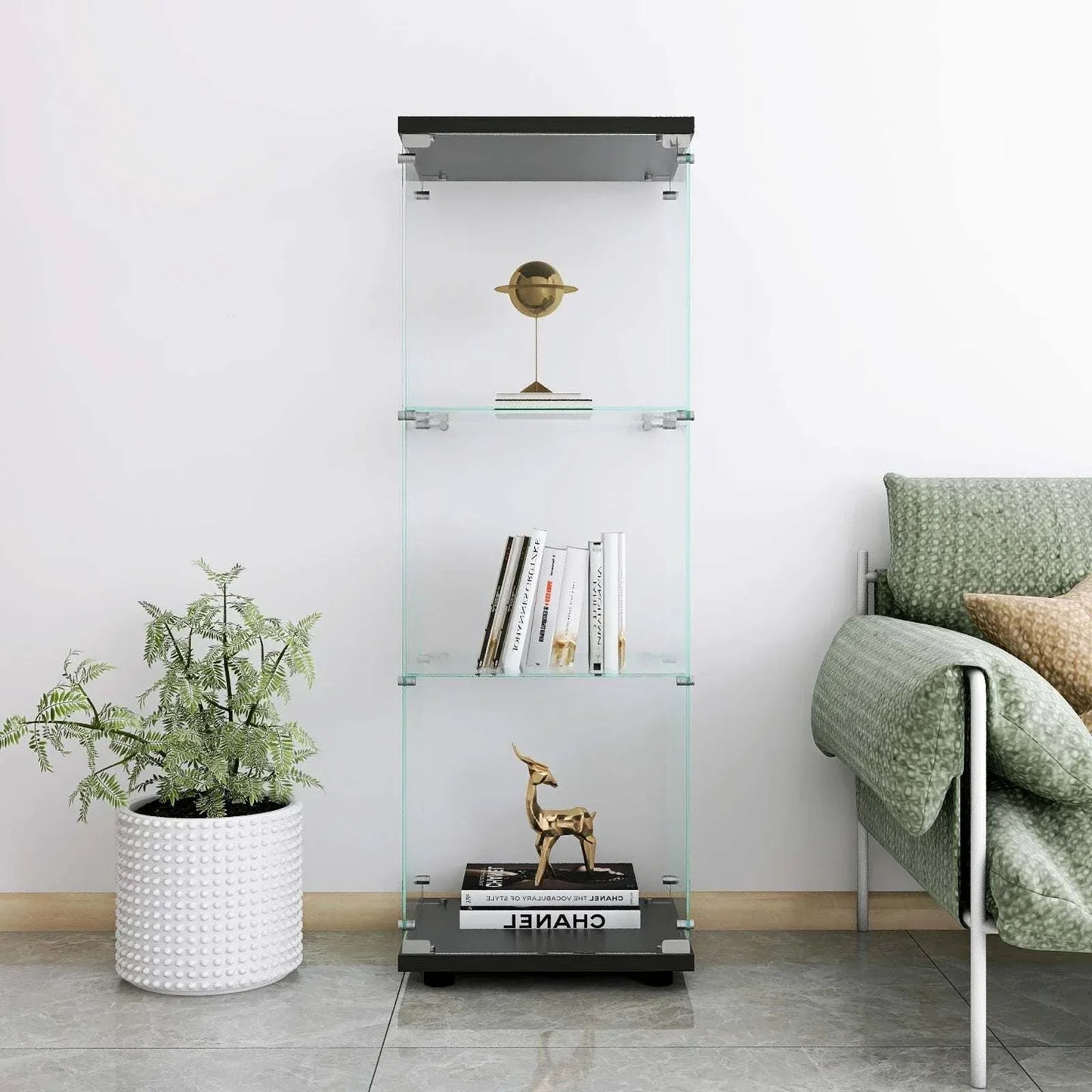 Three-tier tempered glass vitrine d'exposition display cabinet showcasing decorative items in modern living room setting