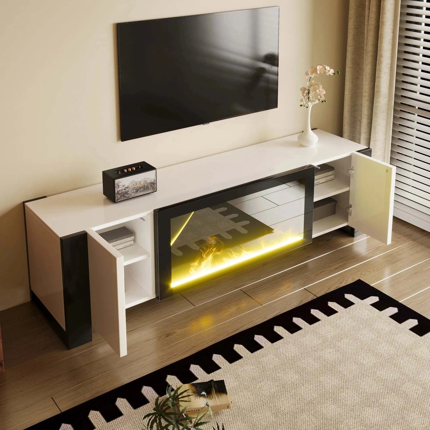 Meuble TV Cheminée Électrique LED | Effet Flamme Décoratif | Noir Blanc Brillant