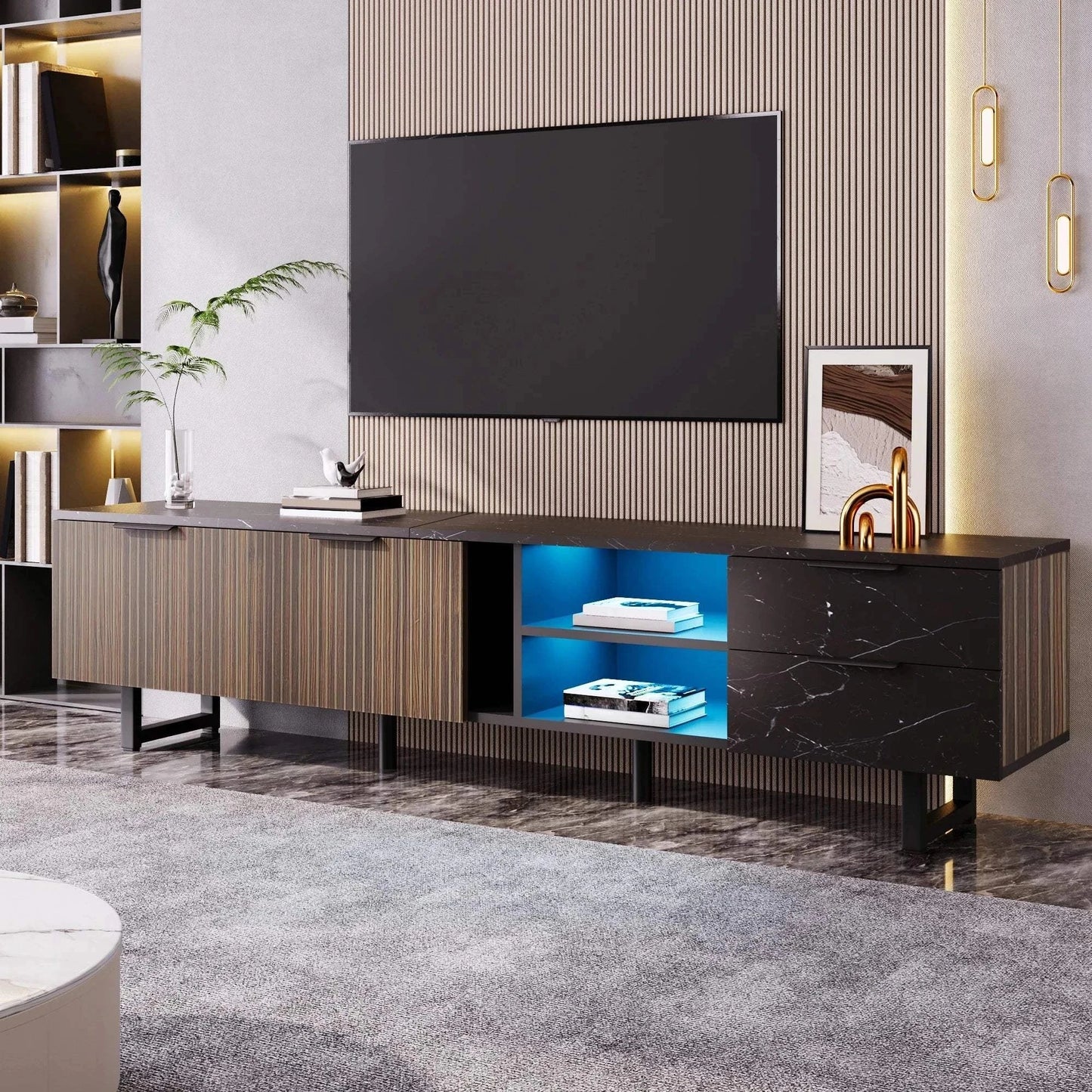 Meuble TV LED Effet Marbre Noir | Dcor 2 Portes 2 Tiroirs | Éclairage Intégré Moderne