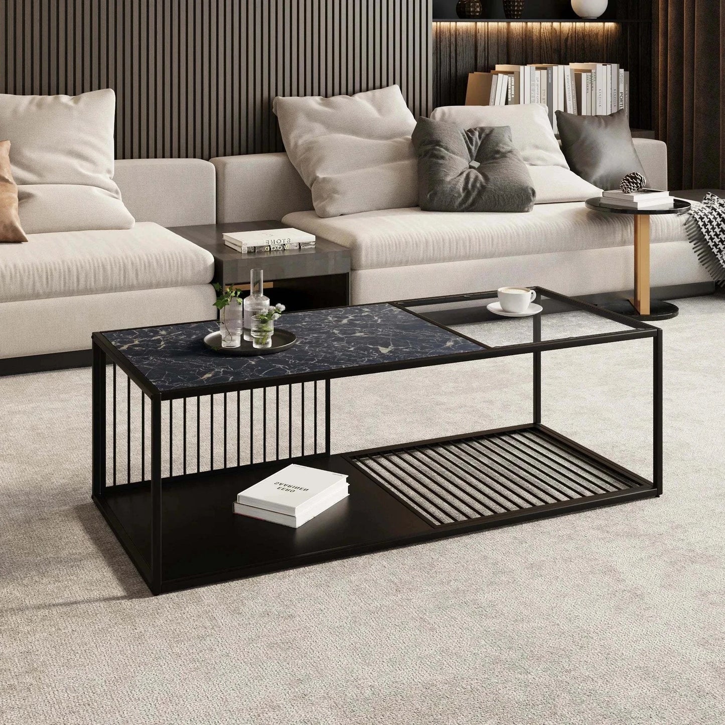 Table Basse Verre Noir | Meuble Salon Moderne Rangement | Table d'Appoint Design Contemporain