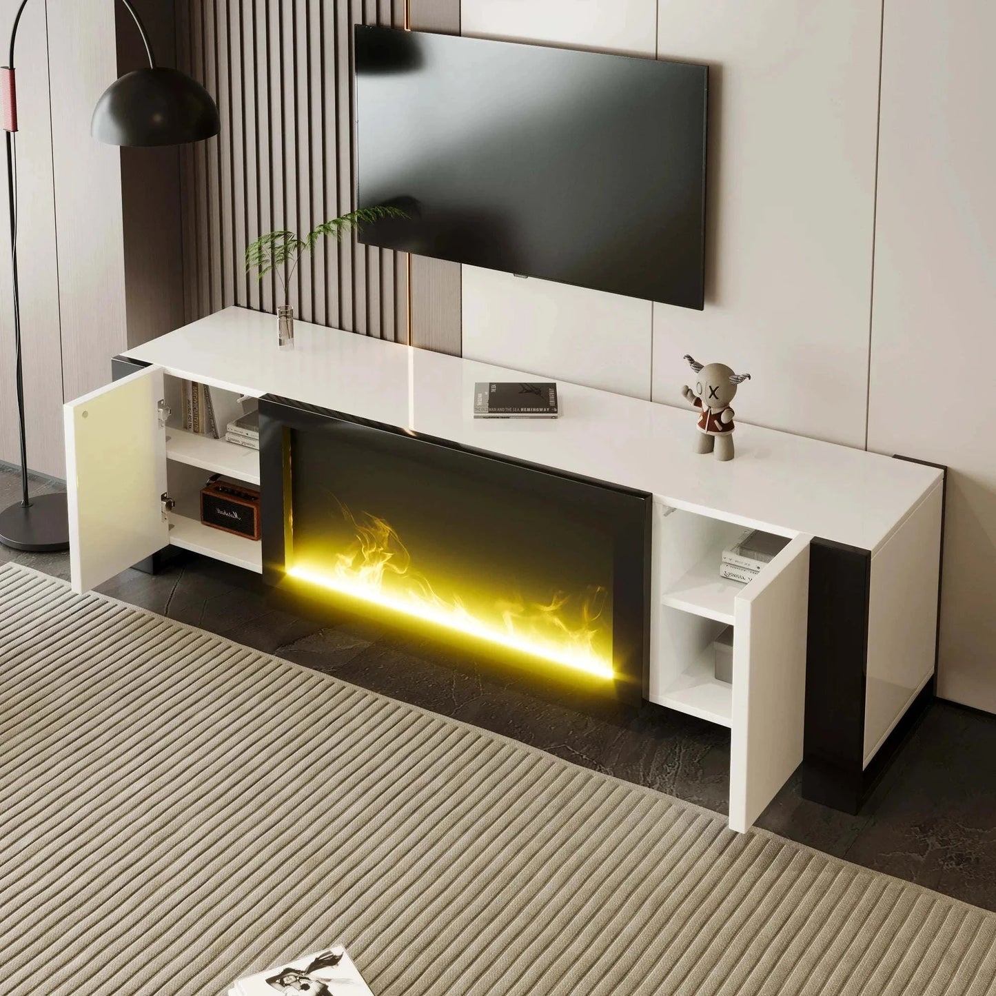 Meuble TV Cheminée Électrique LED | Effet Flamme Décoratif | Noir Blanc Brillant