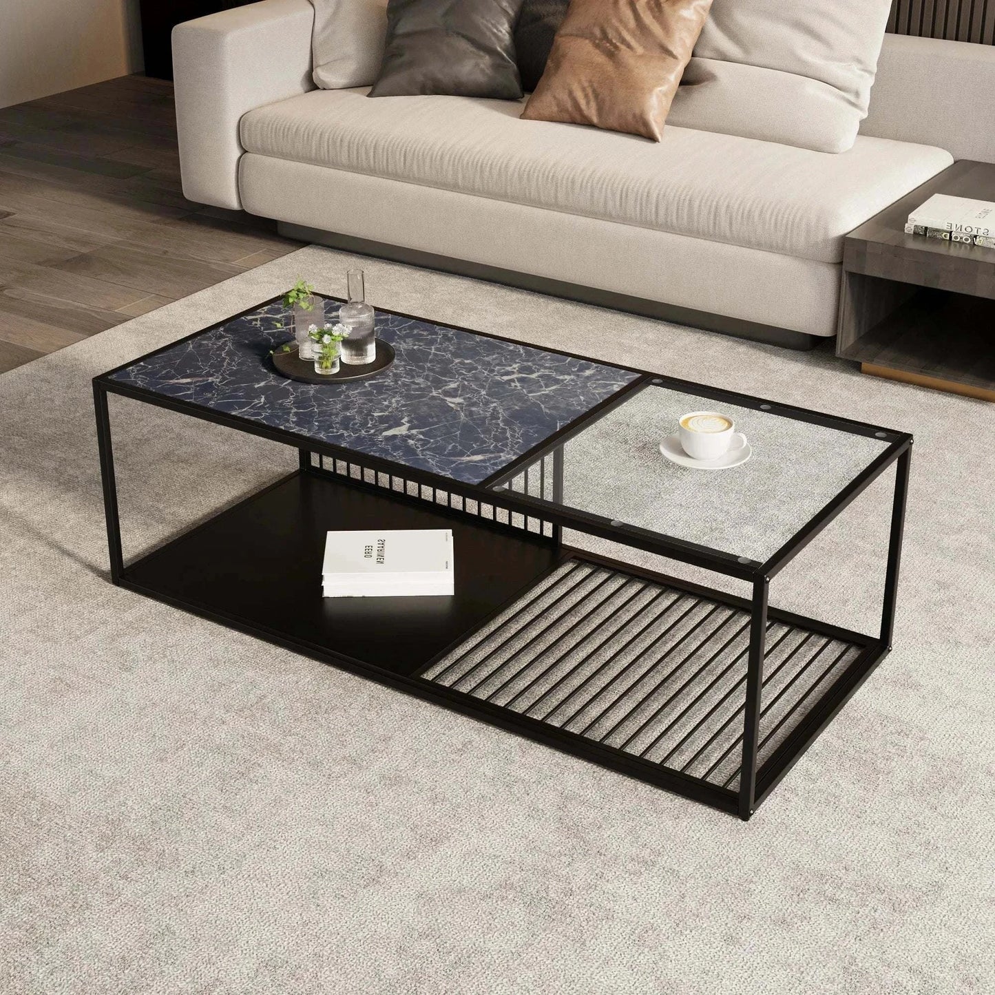 Table Basse Verre Noir | Meuble Salon Moderne Rangement | Table d'Appoint Design Contemporain