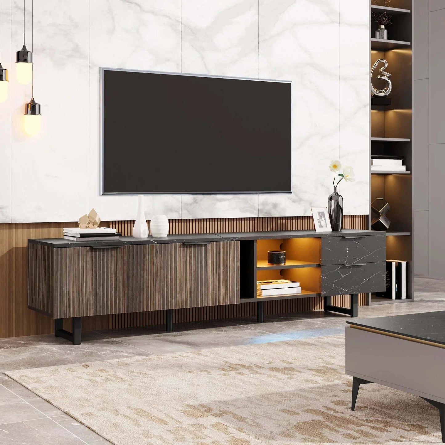Meuble TV LED Effet Marbre Noir | Dcor 2 Portes 2 Tiroirs | Éclairage Intégré Moderne