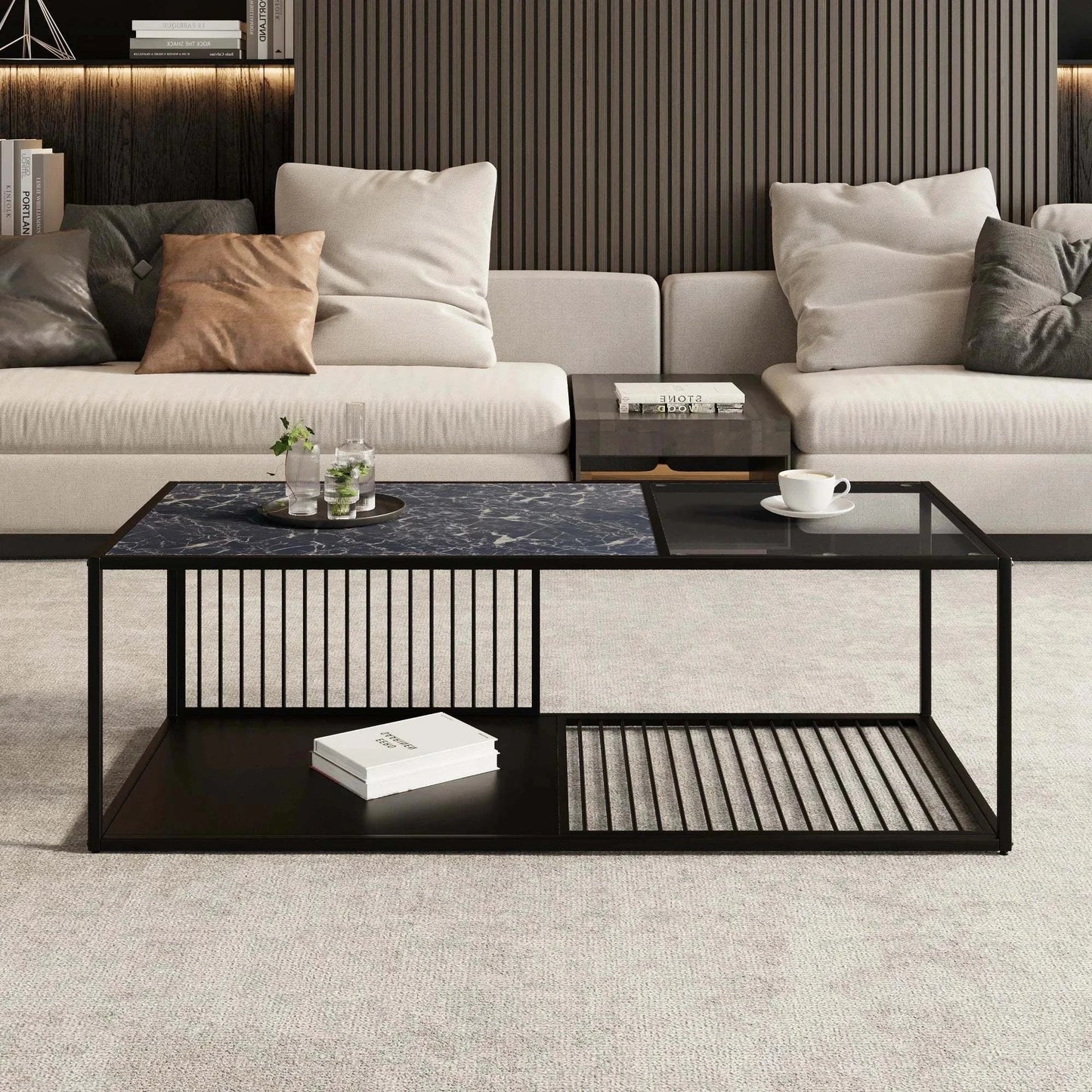Table Basse Verre Noir | Meuble Salon Moderne Rangement | Table d'Appoint Design Contemporain