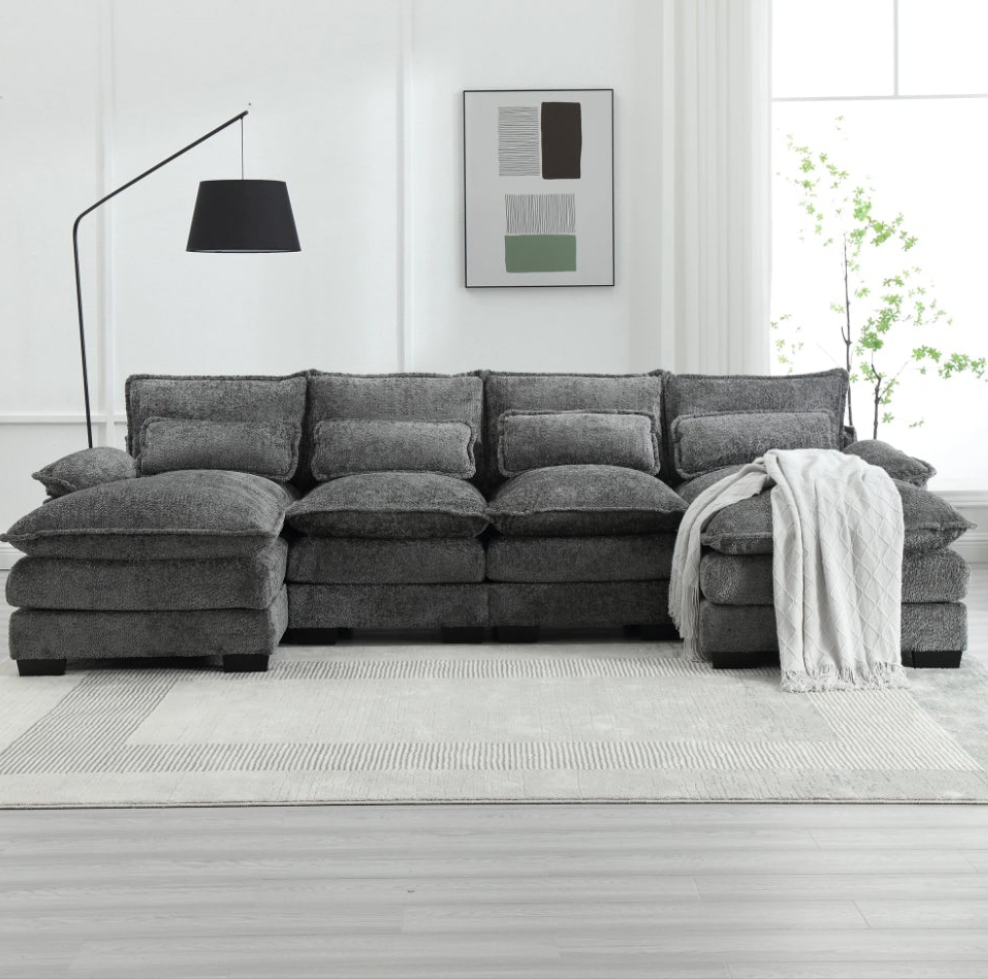 Canapé U en velours gris moderne & confortable.