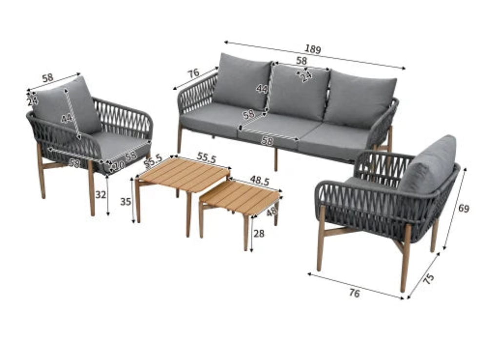 Salon Jardin Lounge 5 Pièces - Canapé 3 Places + Fauteuils Tables WPC Gris