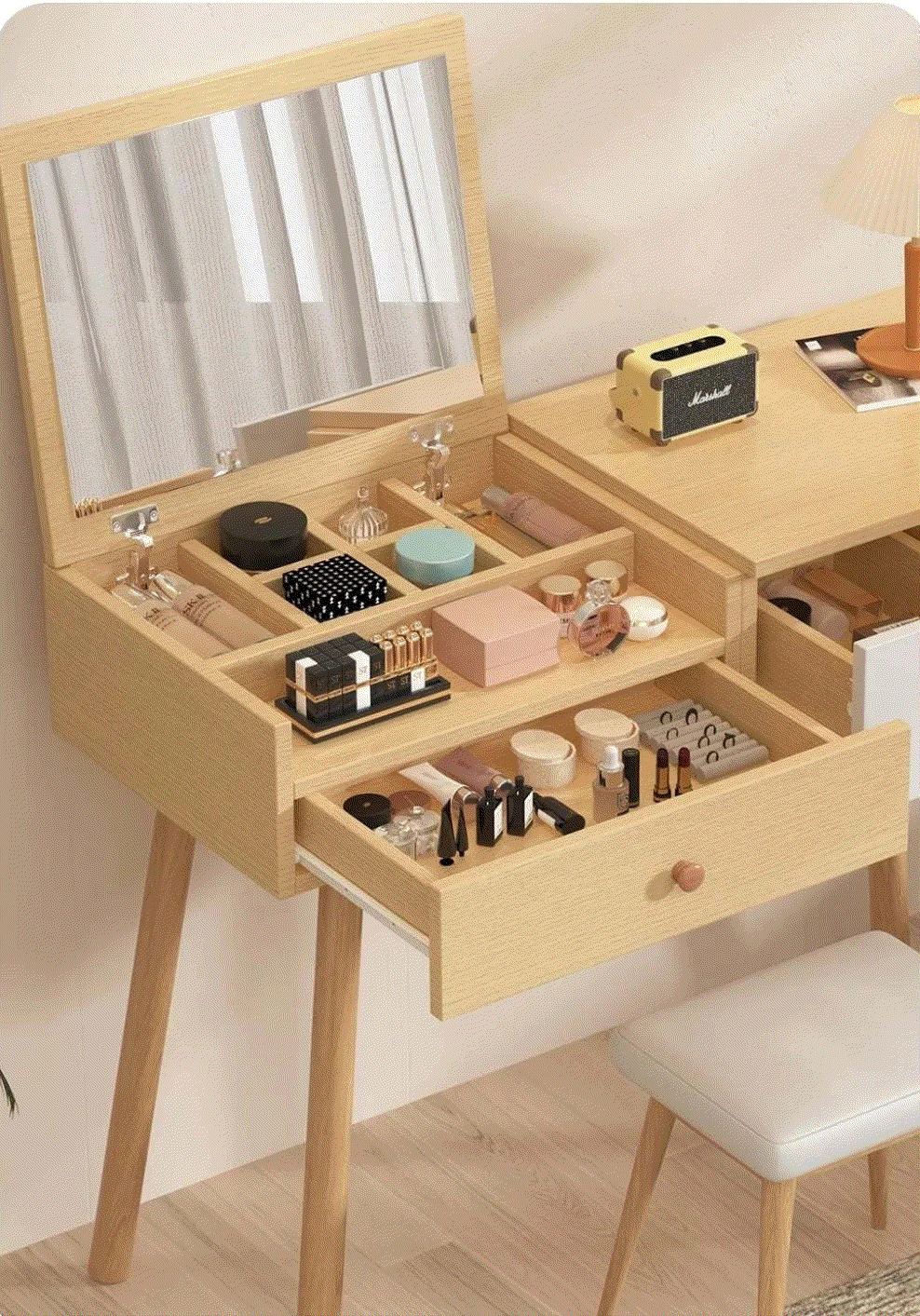 Coiffeuse Bois avec Miroir et Tiroirs | Meuble Cosmétique Rangement | 100x78x40cm