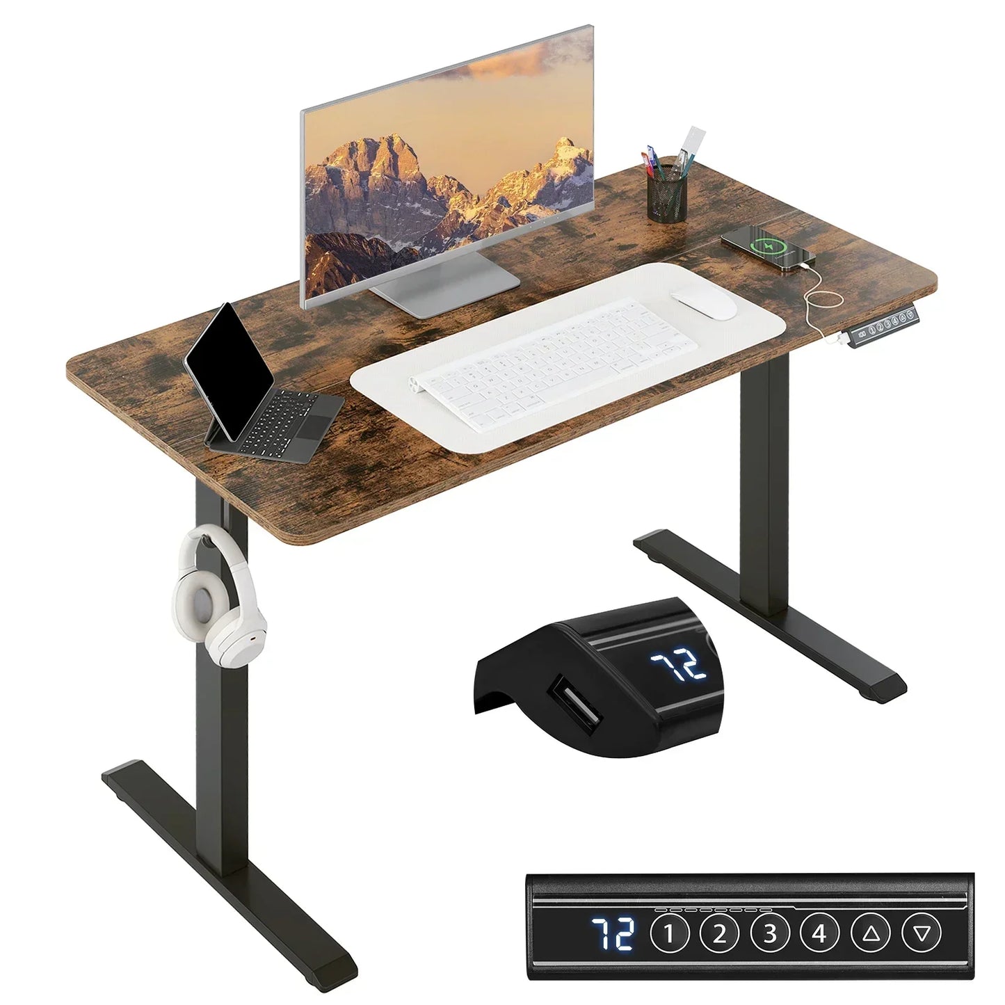 Bureau gaming assis-debout électrique 100-160x60cm, hauteur réglable 72-120cm, blanc/marron et noir, avec port USB et positions mémoire.