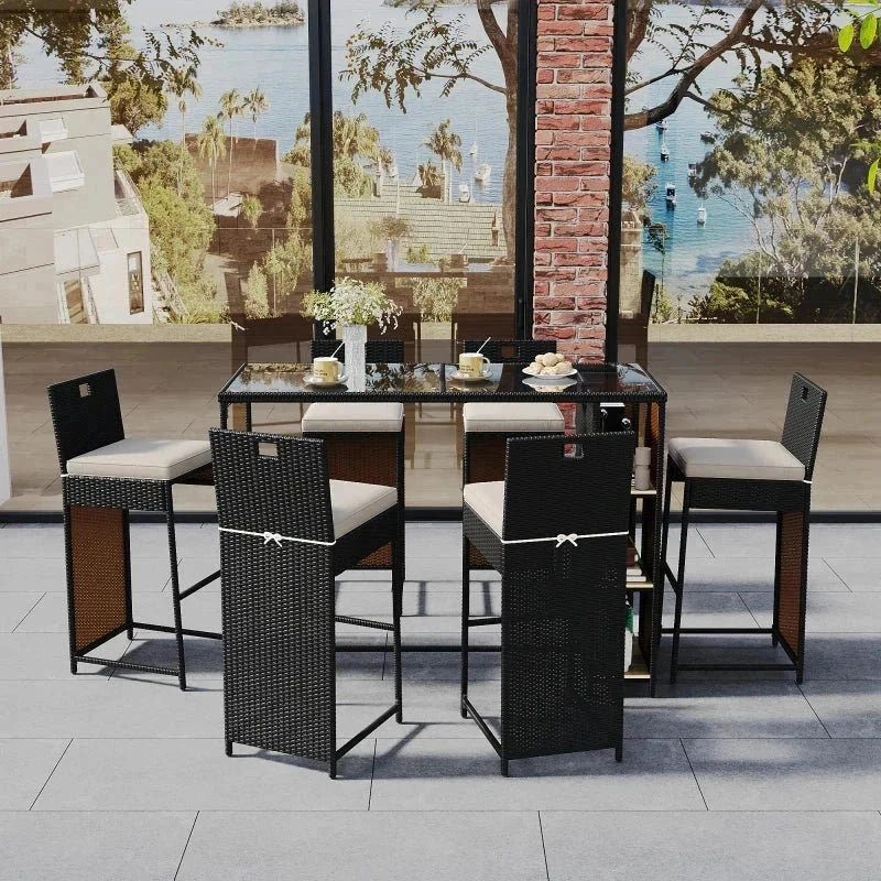 Salon de Jardin Bar 7 Pièces - Polyrattan Noir/Marron + Coussins + Plateau Verre