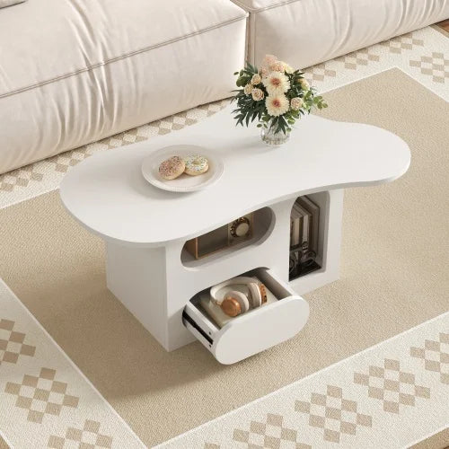 Table Basse Nuage Tiroirs - Rangement Ouvert Design Créatif Blanc