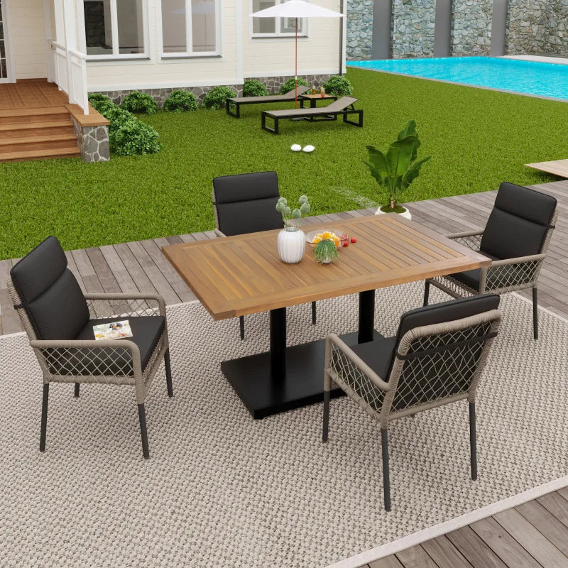 Salon de Jardin 4 Personnes - Table Acacia + 4 Chaises Rotin PE - Set 5 Pièces