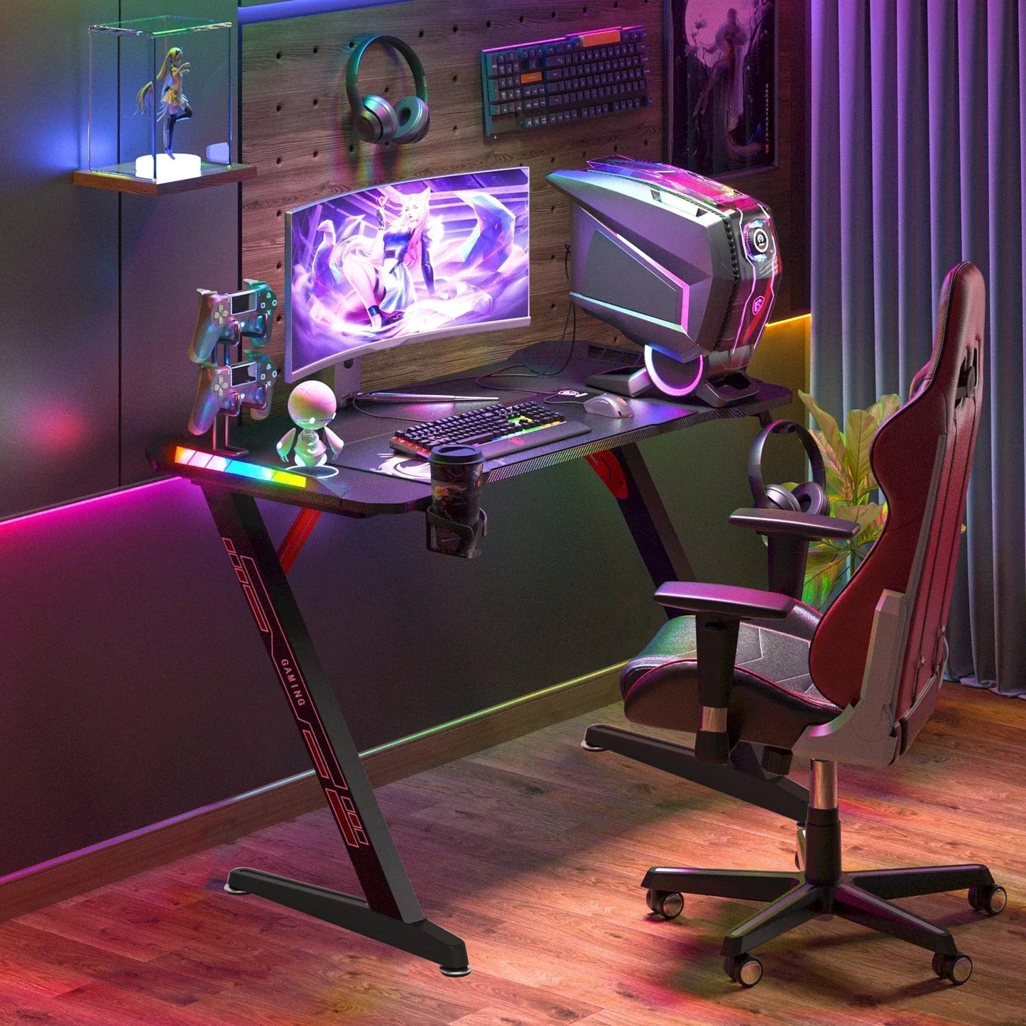 Bureau gaming 140x60x78cm avec LED RGB dynamique et plateau en fibre de carbone, idéal pour setups gamers.
