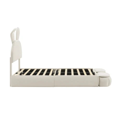 Lit Enfant Oreilles Lapin 90x200 - LED Réglable 2 Poufs Rangement Rose/Beige