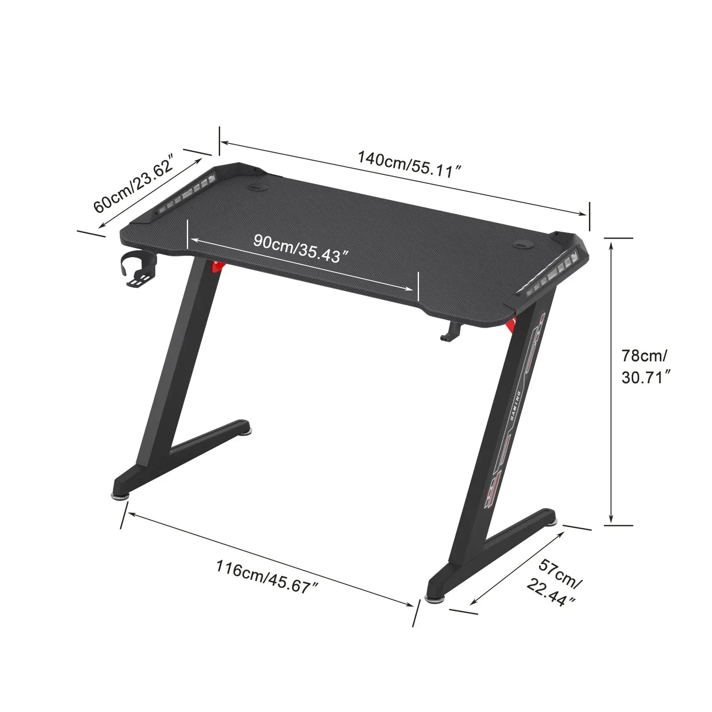 Bureau gaming 140x60x78cm en fibre de carbone avec LED RGB dynamique et pieds métal.