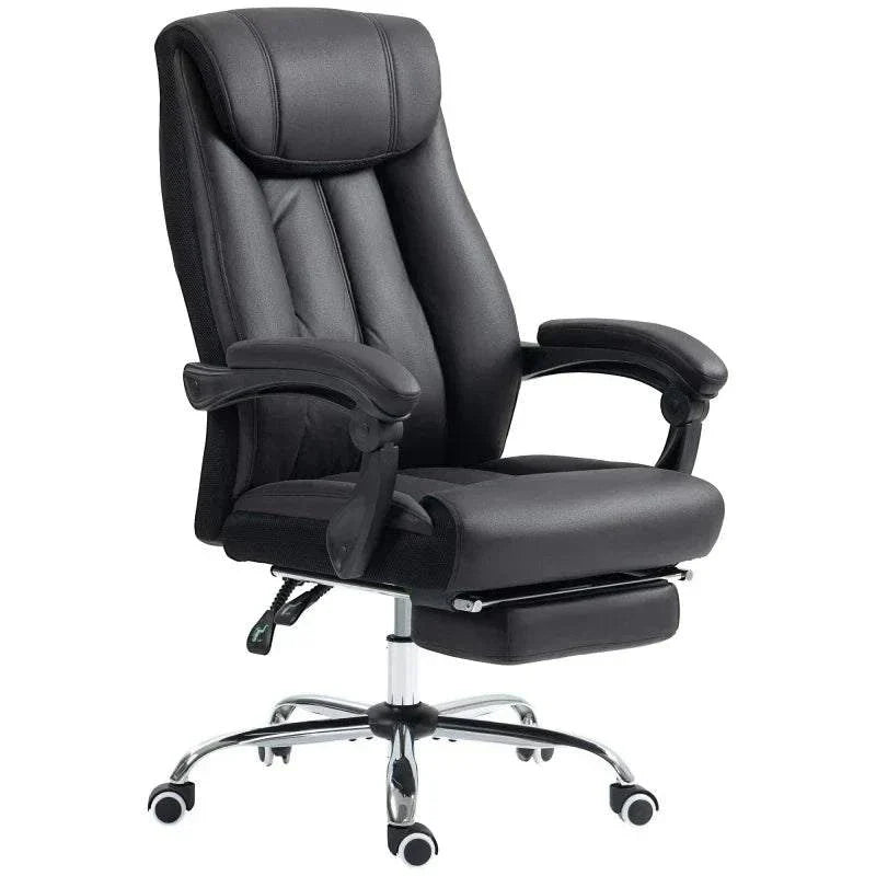 Black ergonomic office chair with reclining function and cushioned comfort seat
