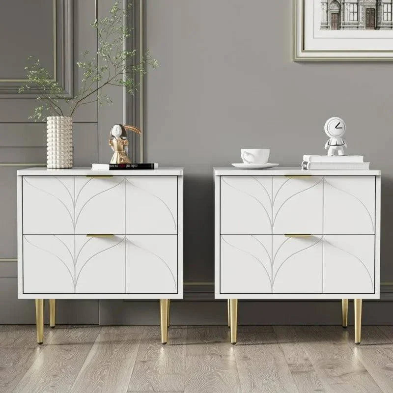 Modern Bedside Tables x2 - Silent Drawers Gold Legs Floral Pattern