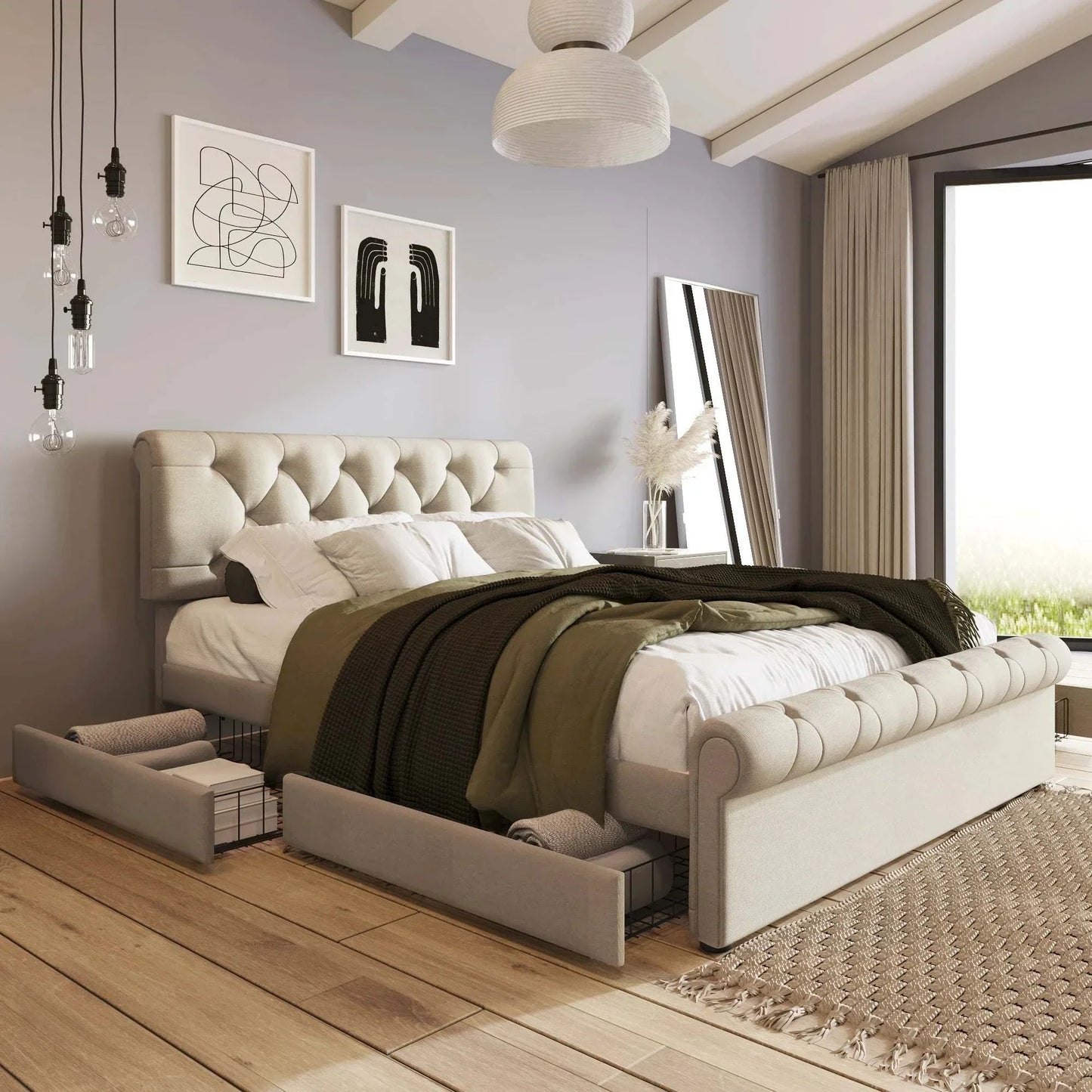 140x200cm Storage Bed with 4 Drawers - Adjustable Linen Chesterfield Headboard