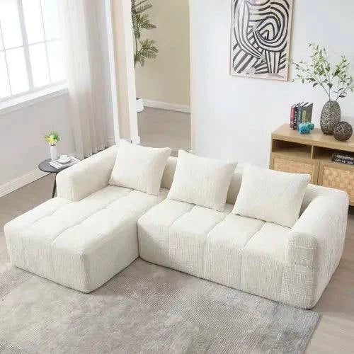 Canapé d'angle blanc Moderne 3 Places - Chenille avec Méridienne Coussins Amovibles