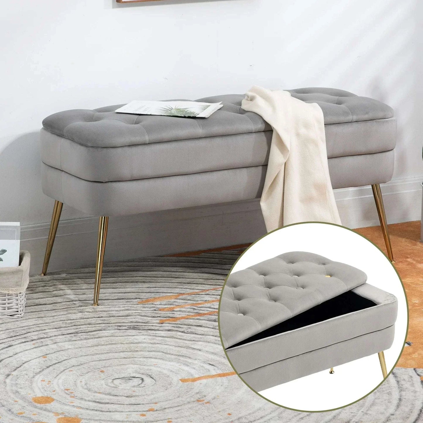 Velvet Bedside Bench with Storage - Gold Storage Footstool 104cm