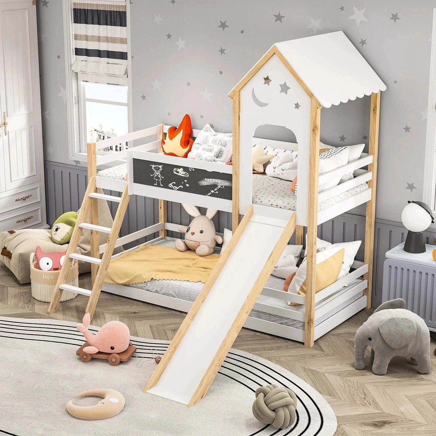 Lit Superposé Enfant Toboggan | Escalier + Tableau | Bois Blanc | 90x200cm | Avec Glissière
