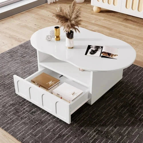 Table basse forme nuage unique avec tiroirs intégrés et compartiments rangement ouverts. Design artistique moderne S41ee63bdf04d40f6b8e0300c6561030fk