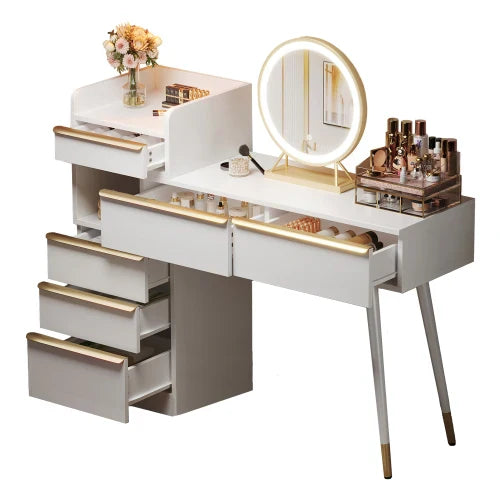 Coiffeuse LED Miroir 6 Tiroirs - Plateau Extensible Poignées Or & Blanc