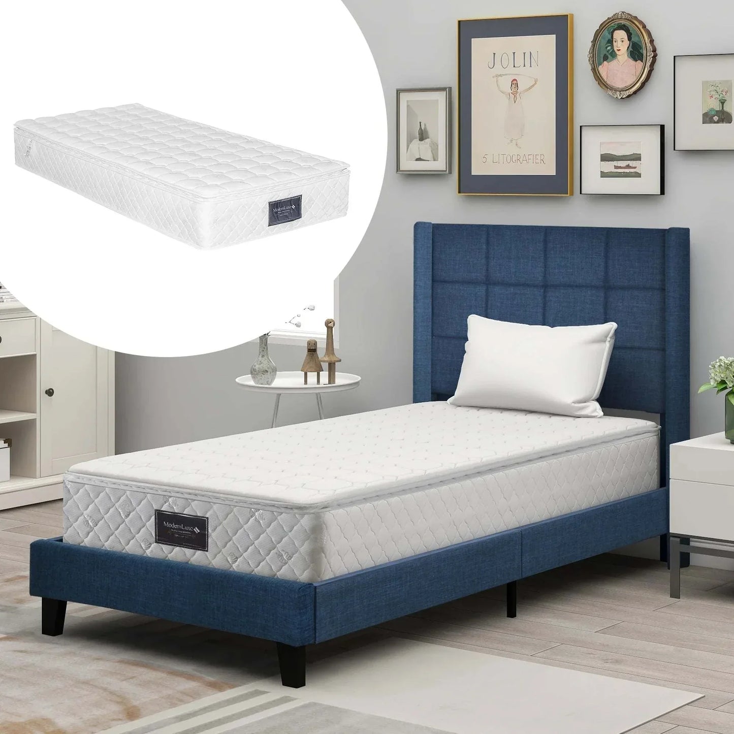 Lit Simple 90x200cm avec Matelas Ressorts - Tête de Lit Capitonnée Lin Bleu