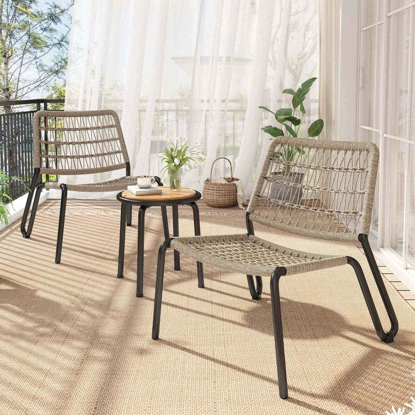 Salon Jardin 3 Pièces Corde Tressée - Table Acacia Chaises Empilables 160kg