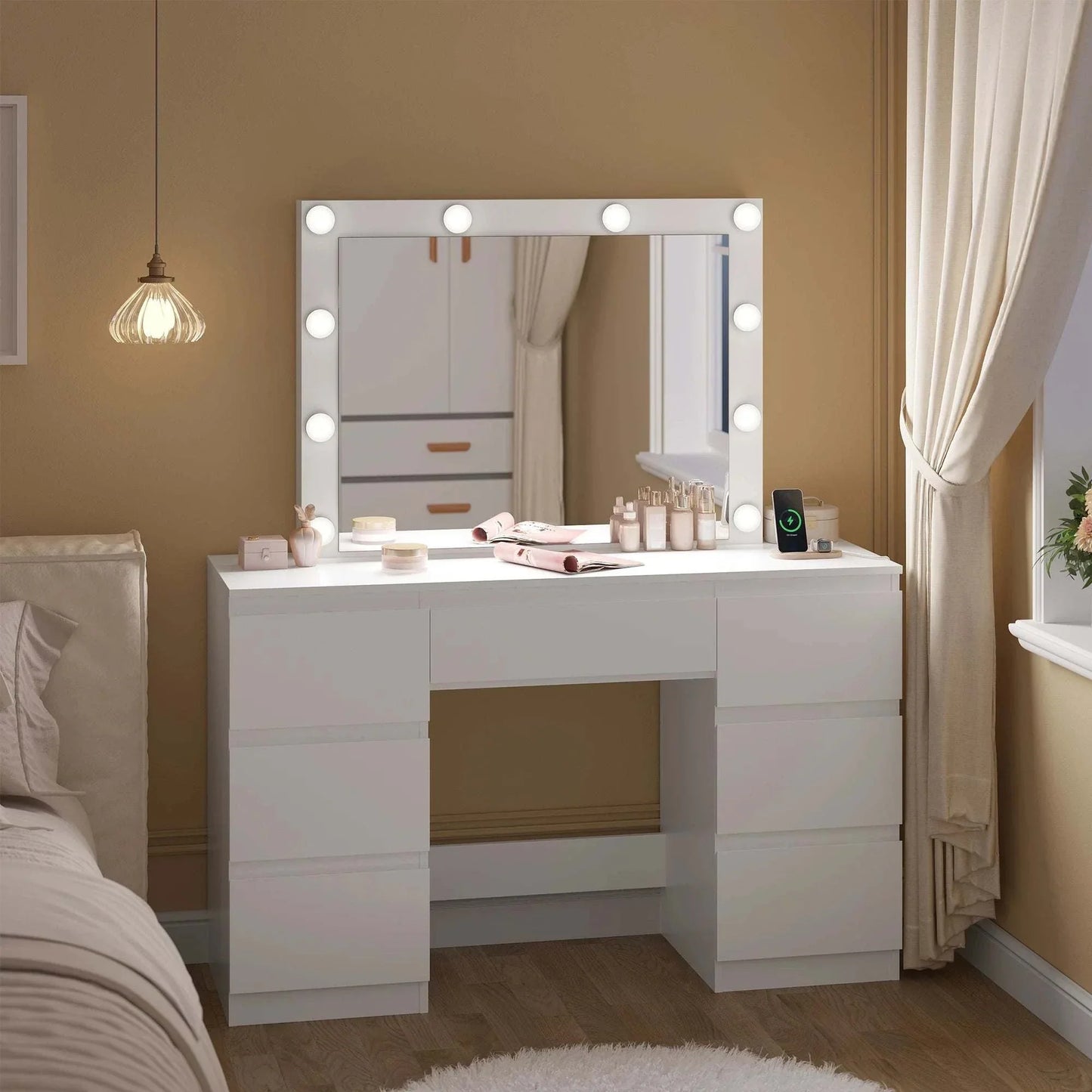Coiffeuse Maquillage LED Miroir | 7 Tiroirs | Prises USB | Éclairage Professionnel | Moderne