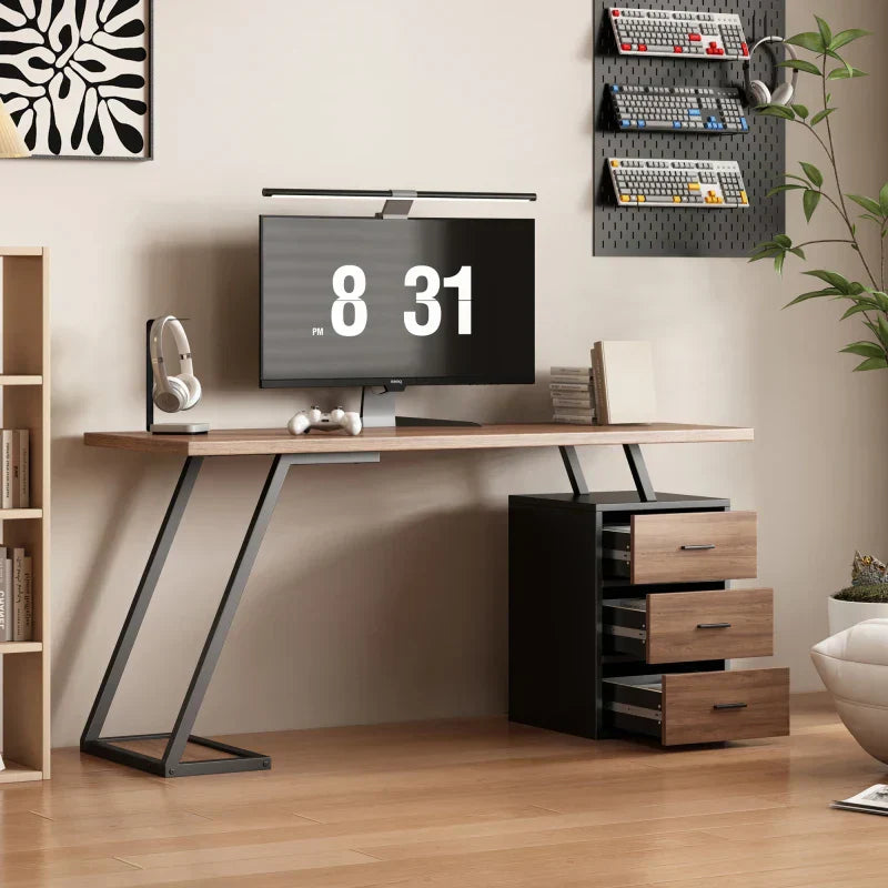Bureau Design 140cm - 3 Tiroirs Rails Amortis Style Moderne Bois Métal