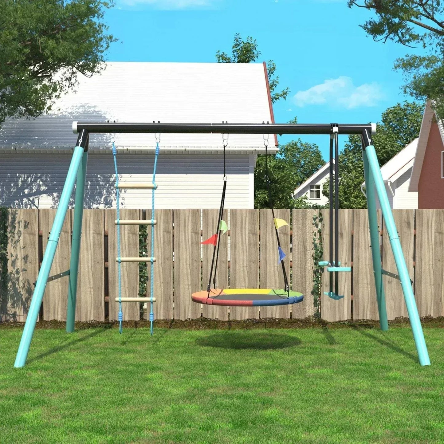 Outdoor children's playground with adjustable swing, climbing ladder, and net for ages 3-8 years in garden setting