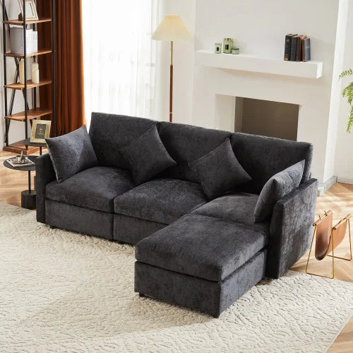 Canapé Tissu 3-4 Places - Angle L avec Pouf Mobile velours Confortable