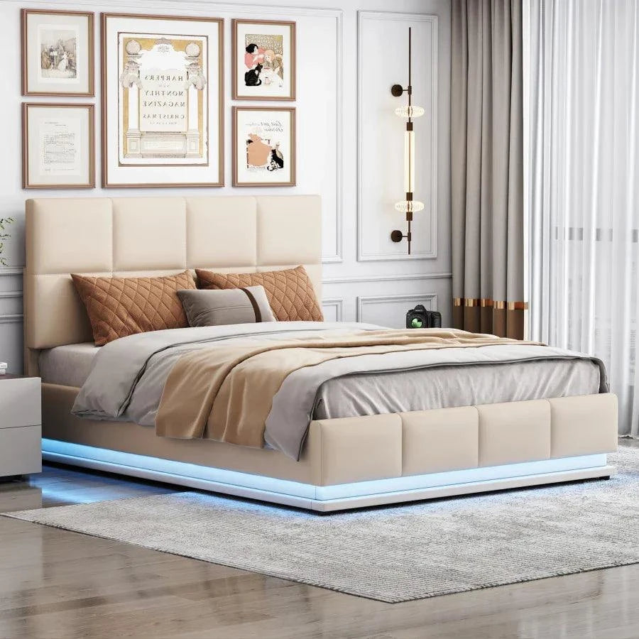 Lit double en cuir 140x200 cm, équipé d'un éclairage LED S52febeff474e4260a98c34232f284773T