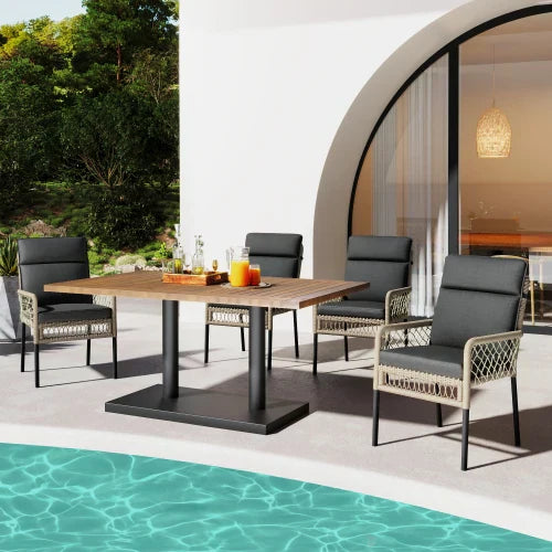 Salon de Jardin 4 Personnes - Table Acacia + 4 Chaises Rotin PE - Set 5 Pièces