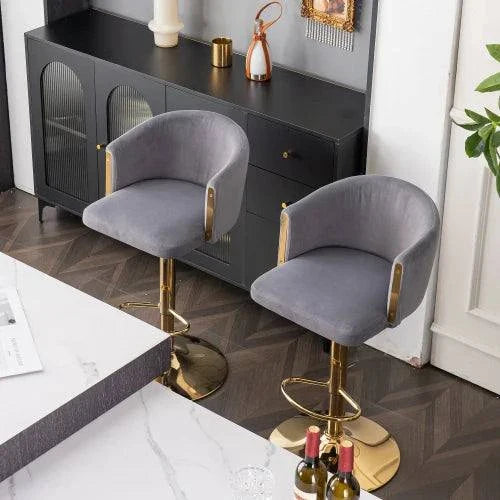 Grey Velvet Adjustable Bar Stools - Variable Height 62-84cm Set of 2