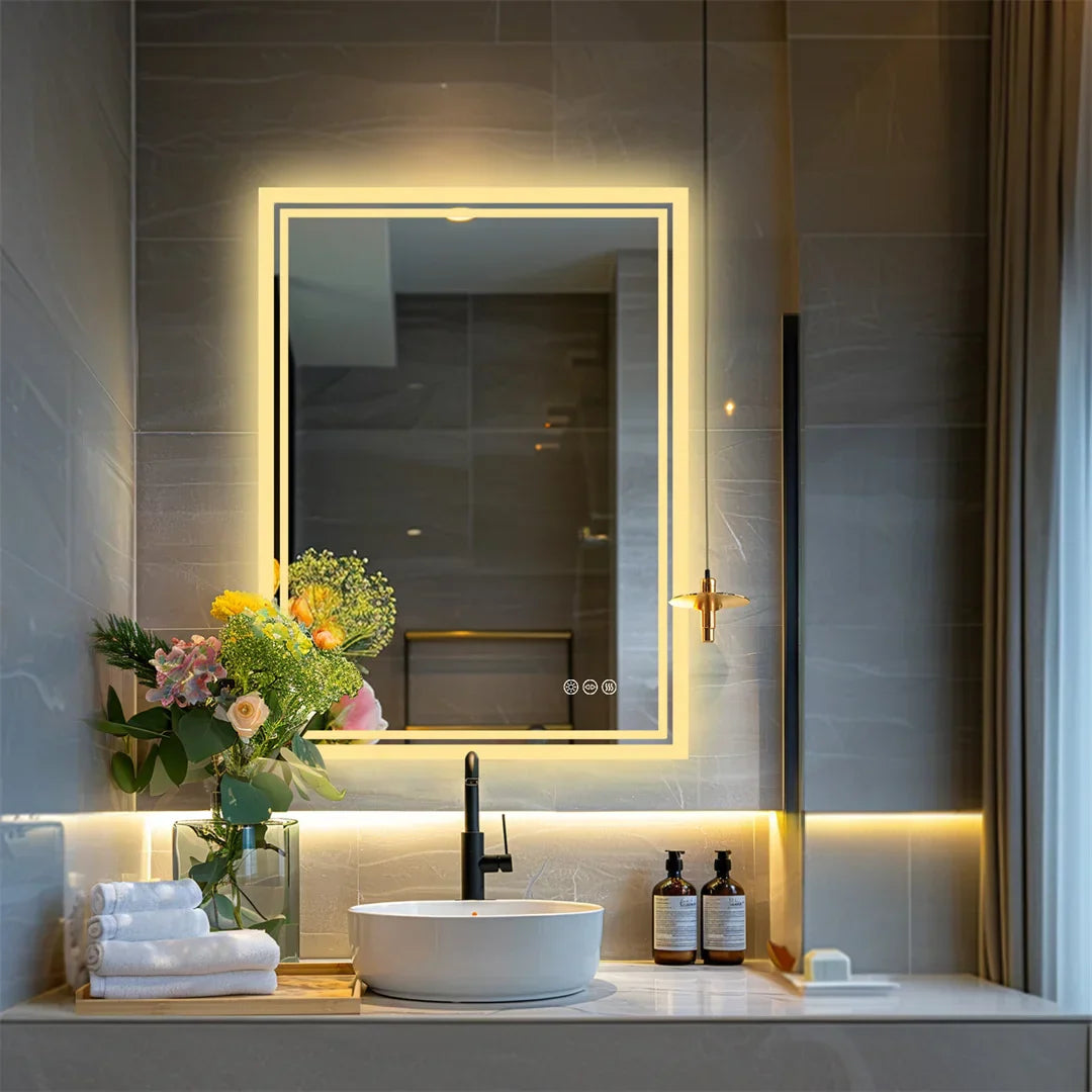Mirroir de Salle de Bain avec Éclairage LED Dimmable et design S5feab219cccf4cf08002b71f3e5919aaA