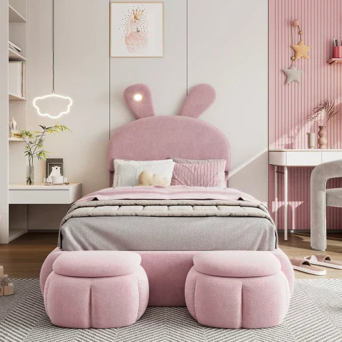 Lit Enfant Oreilles Lapin 90x200 - LED Réglable 2 Poufs Rangement