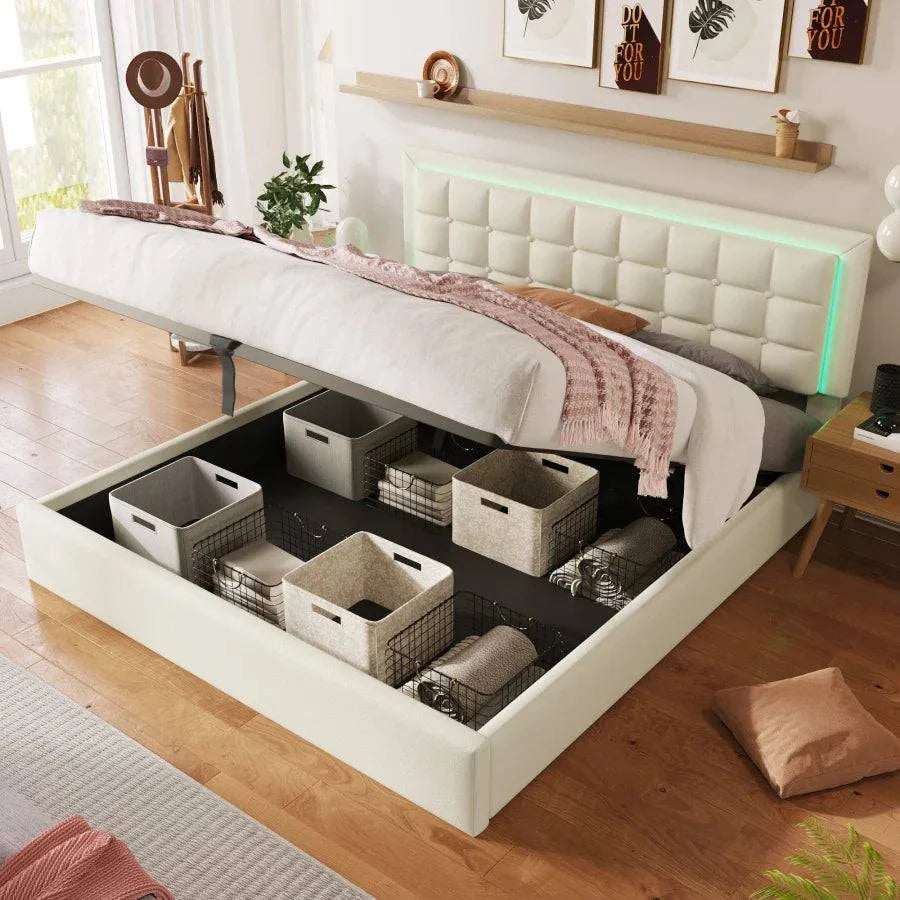 Lit double en cuir 140x200 cm, équipé d'un éclairage LED S7073976c4a5744cd8fdcbd010dba344c3
