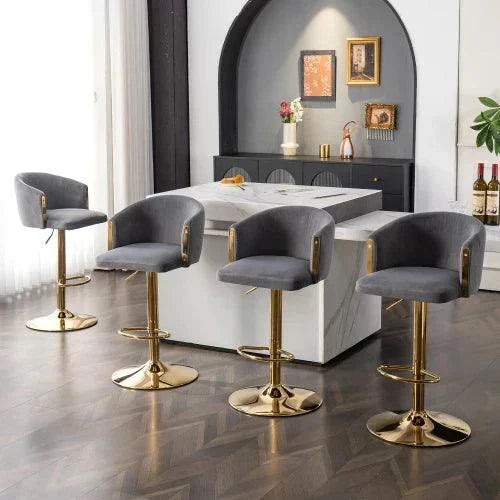 Set of 2 grey modern rotatable height adjustable bar stools with gold metal base and velvet bucket seats for kitchen or bar counters