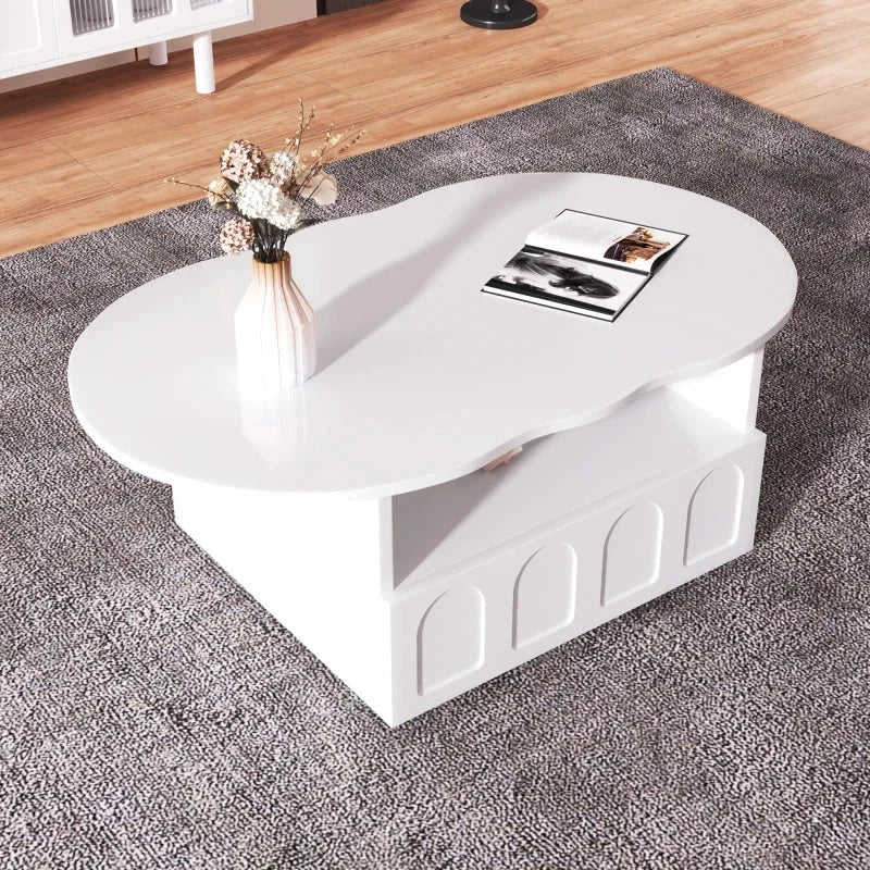 Table basse forme nuage unique avec tiroirs intégrés et compartiments rangement ouverts. Design artistique moderne S74b42cf400b641d484078a6dffd1d9e2d
