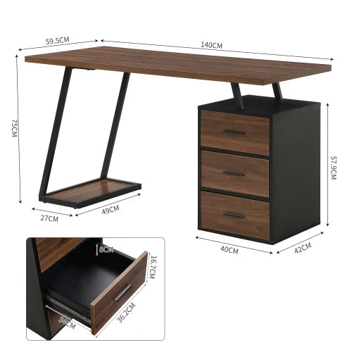 Bureau Design 140cm - 3 Tiroirs Rails Amortis Style Moderne Bois Métal