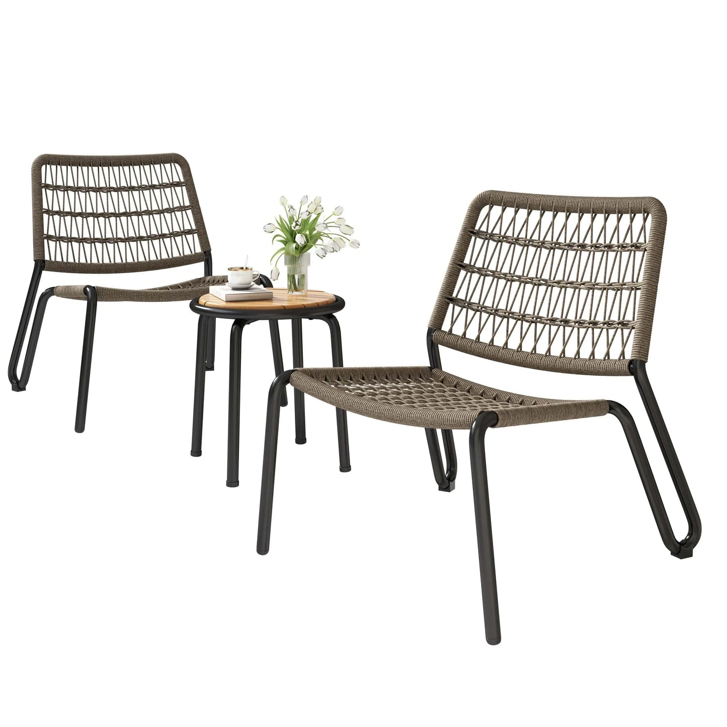 Salon Jardin 3 Pièces Corde Tressée - Table Acacia Chaises Empilables 160kg