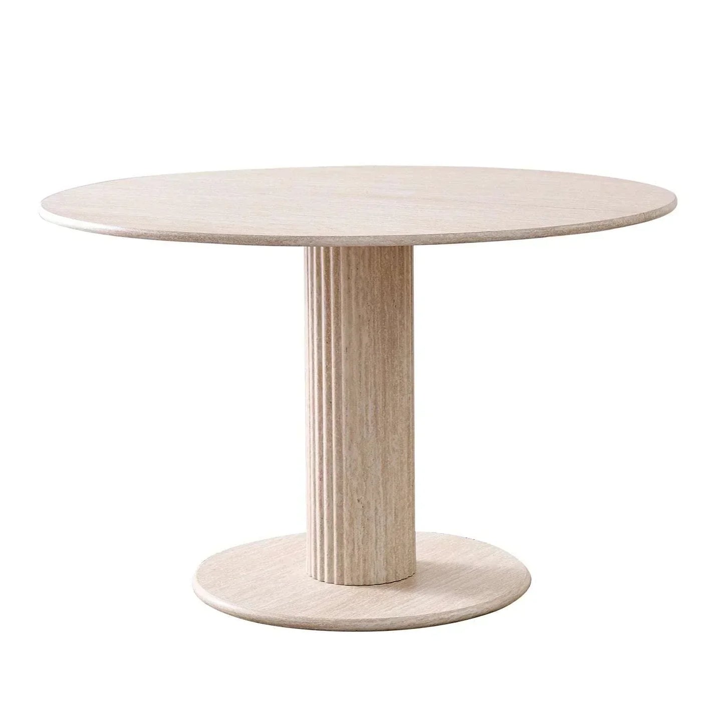 Nordic style round dining table with solid wood texture, 115cm diameter, minimalist modern design, sturdy columnar leg and round base, suitable for 4-6 people.