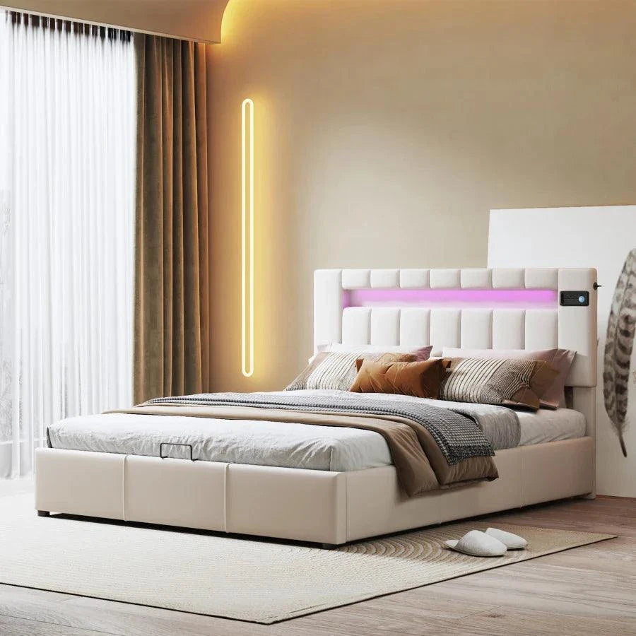 Lit double en cuir 140x200 cm, équipé d'un éclairage LED S7b63d4dd01bc43eeb41e36a79bfb39d9V
