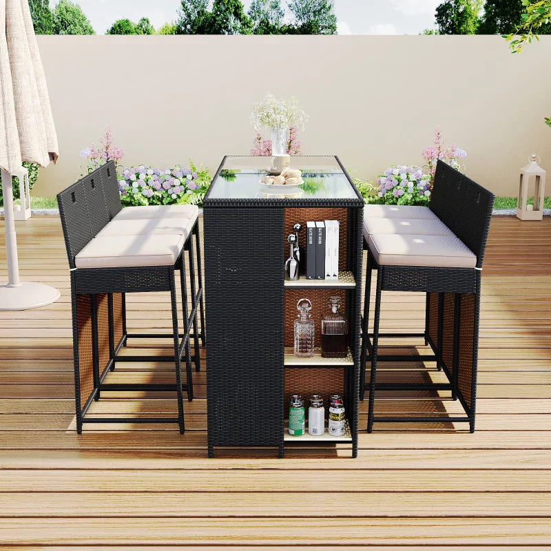 Salon de Jardin Bar 7 Pièces - Polyrattan Noir/Marron + Coussins + Plateau Verre