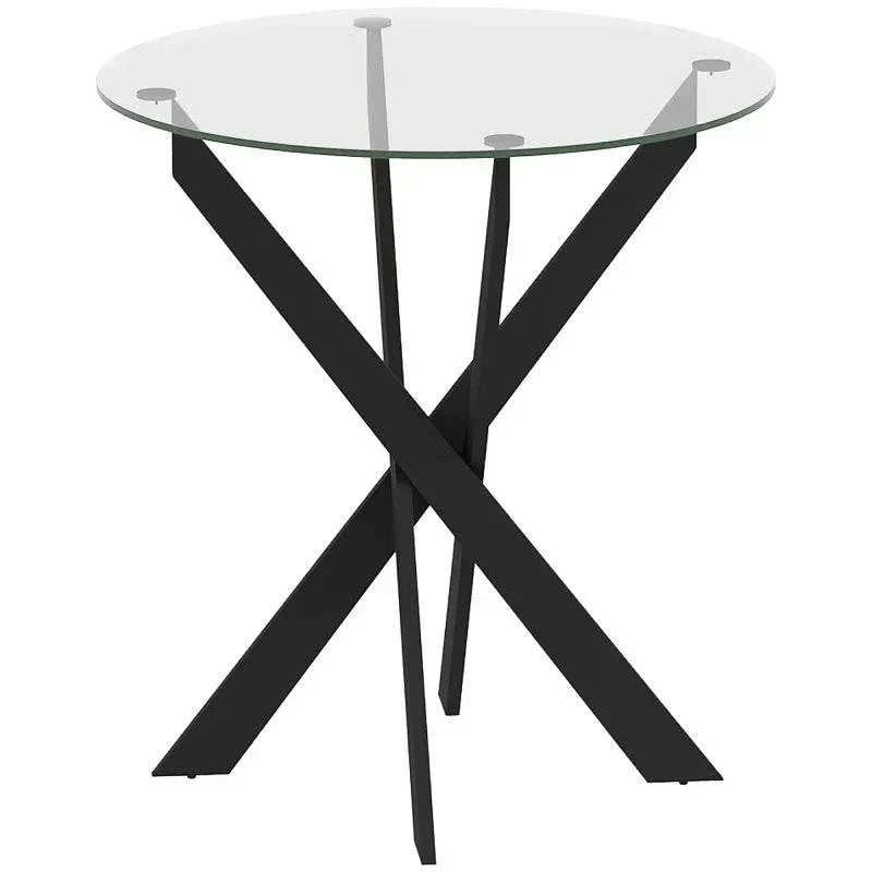 Table à manger ronde moderne en verre trempé transparent avec pieds noirs croisés, diamètre 70 cm.