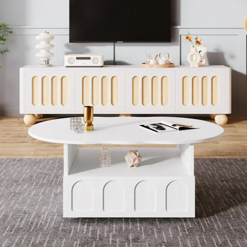 Table basse forme nuage unique avec tiroirs intégrés et compartiments rangement ouverts. Design artistique moderne S817578a198e34503848f59ce19dc2fa4u